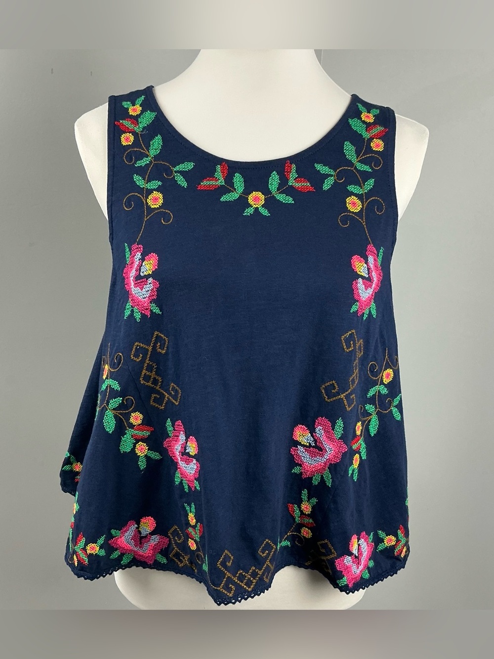 Free People Fun and Flirty Navy Floral Embroidered Tank Top Medium
